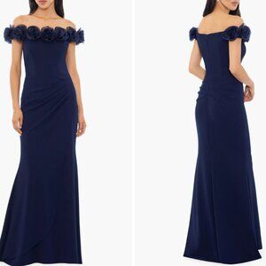 Xscape Evenings Floral Appliqué Off the Shoulder Gown